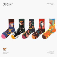 法国油画袜子男中筒袜女ins潮欧美街头创意抽象复古风情侣长袜