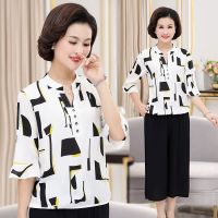 雪纺妈妈夏装套装中老年大码中袖t恤上衣中年女时尚两件套装/单件