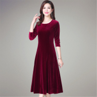 中老年女装大码气质春秋季裙子妈妈装春装金丝绒中长款长袖连衣裙