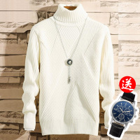 秋冬加绒加厚翻高领毛衣男士韩版青年纯白色修身高领针织衫打底衫