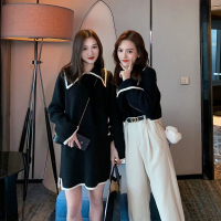 海军领宽松短款毛衣女黑色中长款针织连衣裙秋冬