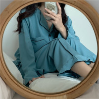 夏莉家 韩国ins秋冬翻领对襟长袖长裤喇叭袖荷叶边家居服纯色睡衣