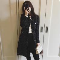 欧洲站秋冬修身毛呢外套小香风波点立领腰带中长款粗花呢大衣