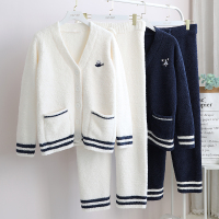 秋冬季软绵绵半边绒男女情侣家居服套装法斗刺绣开衫款双口袋睡衣