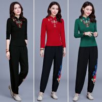 秋装新款民族风女装上衣绣花盘扣长袖t恤女大码打底衫中国风t恤女