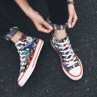 高帮帆布鞋男韩版潮流百搭手绘涂鸦板鞋男高邦鞋子男网红鞋男潮鞋
