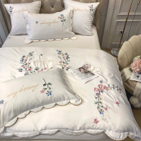 欧式刺绣冰丝全棉四件套丝滑真丝被套白色纯棉床单网红款床上用品