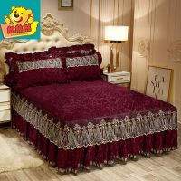 欧式保暖夹棉天鹅绒床裙款三件套 纯色加厚高档单件床罩床上用品