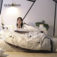 日系宅猫插画四件套纯棉被套双人床单简约全棉床笠三件套学生宿舍