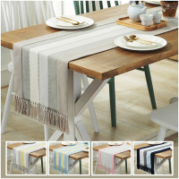北欧条纹棉麻西餐桌旗长条桌布茶几电视柜盖布床尾巾粉色灰色深蓝