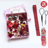 精美儿童发饰礼盒套装发夹皮筋发绳发圈发卡子宝宝不伤发女头饰品 酒红色18件套-[带礼盒+赠品]