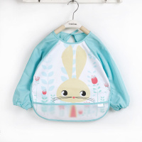 宝宝罩衣防脏防水长袖吃饭衣婴儿围裙饭兜薄款饭兜护衣围兜反穿衣 兔子蓝 XXL码参考年龄1-2岁
