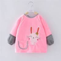 宝宝吃饭罩衣水晶绒女孩秋冬儿童围裙长袖防水男童围兜婴儿反穿衣 萌萌兔粉色 100 码 建议2-3岁