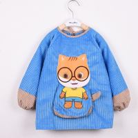 宝宝罩衣防水秋冬长袖吃饭衣儿童反穿衣婴儿围兜男女童护衣倒褂衣 天蓝 立体猫 17# 3-4岁(100-
