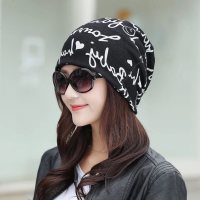 (帽子围脖二合一)秋冬帽子女韩版头巾帽保暖多功能月子帽包头帽 小字母黑色