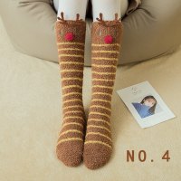 珊瑚绒袜子女冬天中筒加绒加厚秋冬季睡眠睡觉月子毛巾地板圣诞袜 NO.4 3双装 均码[3双装萌萌卡通袜