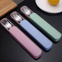 【买二送一】【四件套】韩式学生成人不锈钢勺子叉子筷子便携餐具不锈钢出差野外露营餐具家居旅行户外套装餐具颜色随机发货
