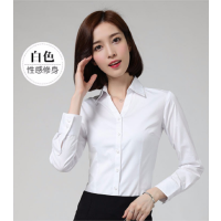 徽珩 女士长袖衬衫2022春秋季新款纯色全棉免烫百搭职业工装上衣商务休闲v领衬衣 白色 fz-39 38