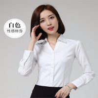 徽珩 女士长袖衬衫2022春秋季新款纯色涤棉60%棉40%涤百搭职业工装上衣商务休闲v领衬衣 白色 fz-35 38