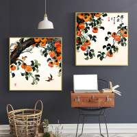 乔迁礼品新中式客厅玄关过道走廊餐厅装饰画纯手绘油画柿子两联画