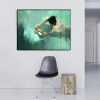 乔迁礼品!人物抽象游泳装饰画人像油画墨绿色挂画人体裸艺术横版