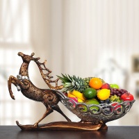 高档麋鹿水果盘 欧式创意家居客厅卧室会所酒店装饰品 树脂摆件乔迁礼品商礼品送客户开业礼品 仿木色 麋鹿果盘