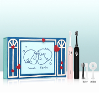 粉+黑（4牙刷头+1个洁面刷）2手柄装 softie手绘限定声波电动牙刷超细软毛自动牙刷人像定制礼盒