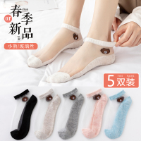 袜子女夏季天薄款短袜浅口小熊款船袜花朵蕾丝网红玻璃棉底水晶袜