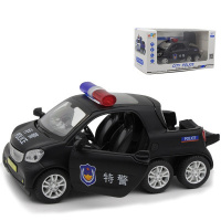 合金奔驰斯玛特警车模型加长六轮皮卡车声光回力小汽车儿童玩具 黑色警车