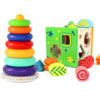 宝宝叠叠乐彩虹塔套圈玩具叠叠圈不倒翁婴儿玩具6-12个月早教玩具 七彩虹套圈+智力盒