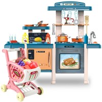 儿童仿真出水厨房大号小女孩做饭过家家玩具套装女童宝宝餐具厨具 新版703-中西大号豪华厨房-蓝+新15件购物车可切果蔬
