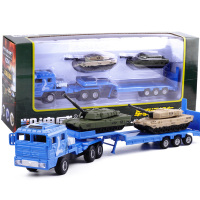 凯迪威合金军事运输车模型1:64拖车带小坦克车平板车小汽车模型 蓝色