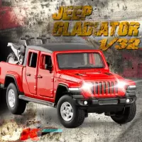 JKM 金属仿真1/32 JEEP角斗士皮卡 六开转向避震声光合金汽车模型 红色皮卡含2装饰摩托