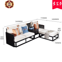 三维工匠新中式禅意客厅家具红檀木全实木脚踏布艺转角贵妃沙发组合F1