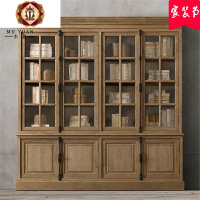三维工匠美式橡木仿古书柜实木带玻璃书柜 法式RH北欧书架全屋定制家具