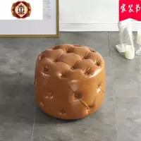 三维工匠美式矮凳复古loft工业风真皮欧式换鞋凳脚蹬沙发凳子轻奢可坐圆凳