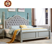 三维工匠美式乡村复古实木双人床1.8米婚床胡桃色皮靠背卧室家具简约田园