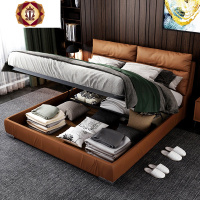 三维工匠极简储物科技布艺床简约轻奢棕色实木港式双人1.8米结婚主卧大床