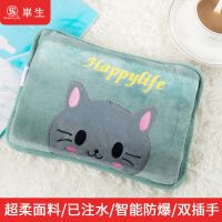 防爆热水袋充电暖宝宝暖水袋可爱女暖宫毛绒卡通暖水袋已注水 [果绿大脸猫]不可拆洗