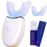 懒人U型电动牙刷USB智能学生成人情侣牙刷超声波蓝光智能防水 白色(三档蓝光+慕斯牙膏+替换刷头) 成人通用版