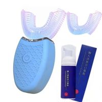 懒人U型电动牙刷USB智能学生成人情侣牙刷超声波蓝光智能防水 蓝色(三档蓝光+慕斯牙膏+替换刷头) 成人通用版