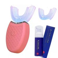 懒人U型电动牙刷USB智能学生成人情侣牙刷超声波蓝光智能防水 粉色(三档蓝光+慕斯牙膏+替换刷头) 学生版(7-15岁)