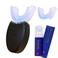 懒人U型电动牙刷USB智能学生成人情侣牙刷超声波蓝光智能防水 黑色(三档蓝光+慕斯牙膏+替换刷头) 学生版(7-15岁)