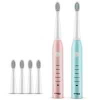 成人电动牙刷配原装8刷头USB充电款电动牙刷成人儿童自动牙刷软毛 蓝色+粉色 4支刷头+USB线+防尘盖+旅行盒