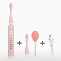 五档模式USB充电款电动牙刷成人儿童软毛自动牙刷 樱花粉 4刷头+座充+收纳盒