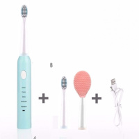 五档模式USB充电款电动牙刷成人儿童软毛自动牙刷 天空蓝白刷头 4刷头+座充