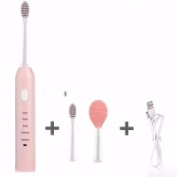 五档模式USB充电款电动牙刷成人儿童软毛自动牙刷 樱花粉白刷头 4刷头+座充