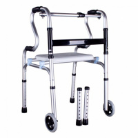 众宜老年人带座带轮老人四脚拐杖凳学步车助步器手推车折叠 豪华铝合金双弯带轮带座