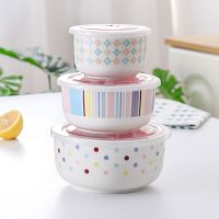 陶瓷保鲜碗三件套微波炉饭盒带盖冰箱便当密封餐具宿舍大号泡面碗 三件套 [I款]