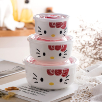 陶瓷保鲜碗三件套带盖便当盒微波炉饭盒冰箱收纳盒大号泡面碗套装 KT朵花 三件套